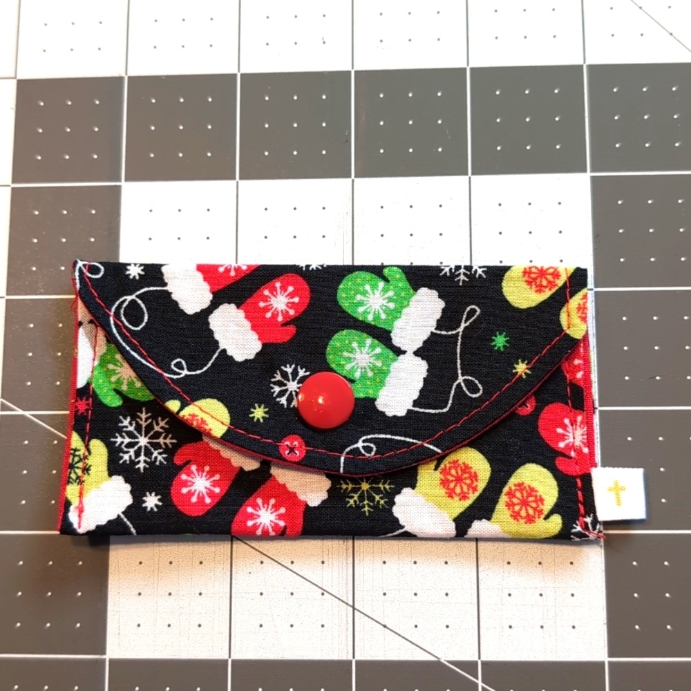 Christmas Mittens Gift Card Holder Reusable Lined Fabric Washable Snaps Closed